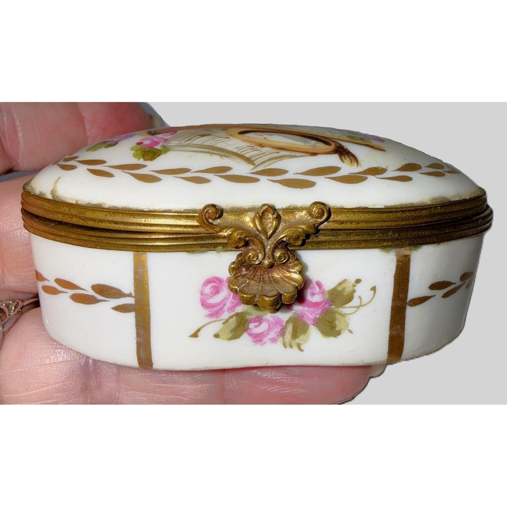 Antique Sevres Style Porcelain Kidney Trinket Box Hand Painted Musical Trophy